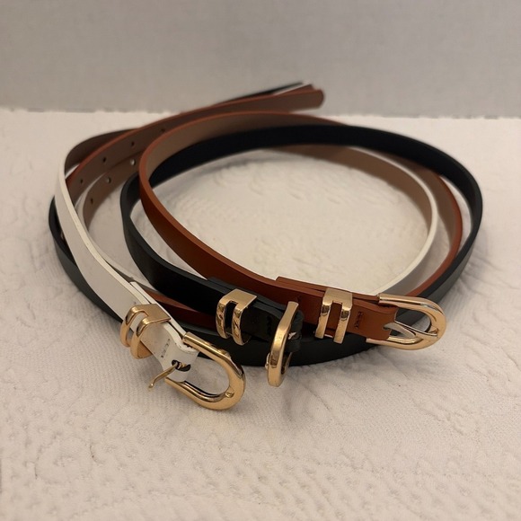 Accessories - Set of 3 Skinny Faux Leather Belts Gold Horseshoe Buckle Black White Brown Sz 28